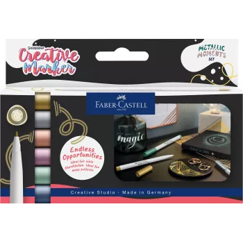 Marcadores Faber-Castell Creative Goldfaber Metallic Moments, conjunto de 6, tinta à base de água, inodora, resistente ao borrar, várias cores metálicas 161107