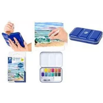 STAEDTLER 888M M12-C conjunto de aguarelas metálicas, 12 cores em caixa metálica com paleta de mistura e anel para dedo