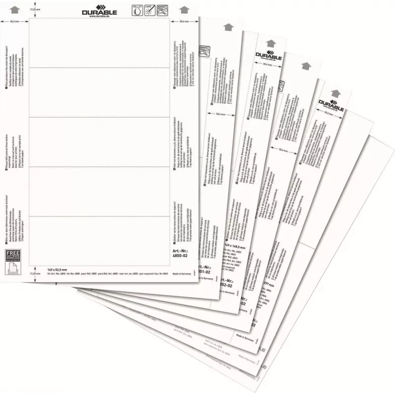 DURABLE etiquetas de inserção A4 210 x 297 mm, 10 folhas, branco, cartão 170 g/m², laser/jato de tinta 485602