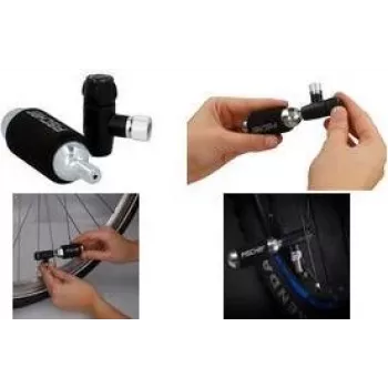 FISCHER bomba de mão para bicicleta com inflador de CO2, cabeça de válvula universal para Schrader, Dunlop, Presta, 8 bar, preto/prateado 50392
