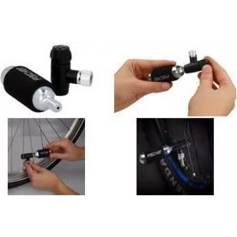 FISCHER bomba de mão para bicicleta com inflador de CO2, cabeça de válvula universal para Schrader, Dunlop, Presta, 8 bar, preto/prateado 50392