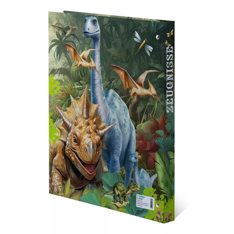 Dossier de anilhas HERMA Dino World A4, cartão resistente, mecanismo de 2 anilhas, lombada 30 mm, totalmente impresso, para certificados e material escolar 20160