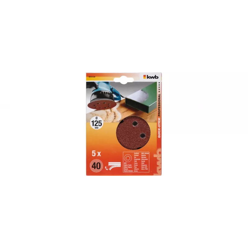 Discos de lixa kwb 491904 125 mm P40 pack de 5 velcro 8 furos