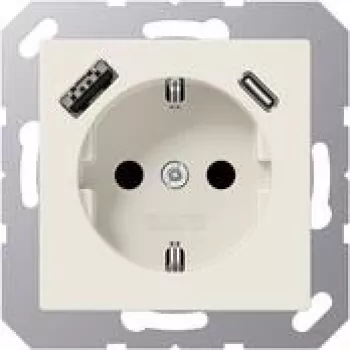 Tomada SCHUKO JUNG A 1520-15 CA 16 A 250 V com carregador USB 1 x Type-A + 1 x Type-C, Safety Plus, série AS, branco (ivory)