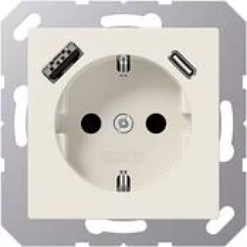 Tomada SCHUKO JUNG A 1520-15 CA 16 A 250 V com carregador USB 1 x Type-A + 1 x Type-C, Safety Plus, série AS, branco (ivory)