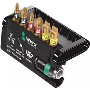 Wera Bit-Check 7 Diamond 1 conjunto de bits para chave de fendas, 7 peças, sextavado de 1/4 polegadas, 25 mm, Phillips e Pozidriv, revestido a diamante 05057416001