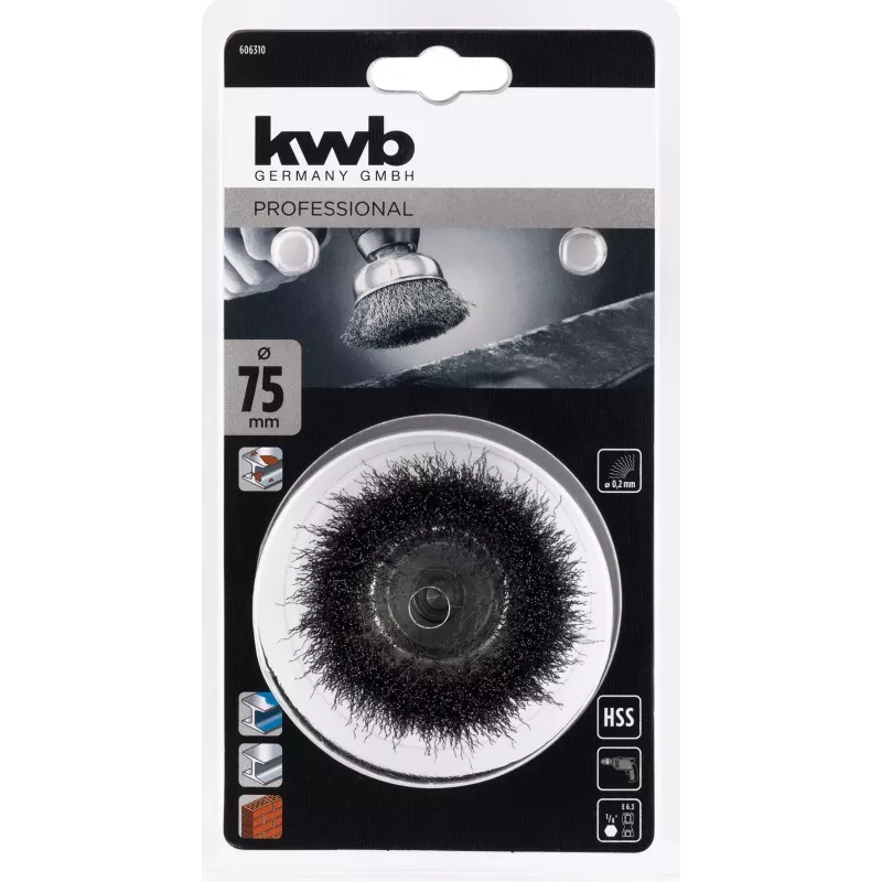 kwb Escova de arame tipo tacho 75 mm, aço ondulado 0,2 mm, haste de 6 mm para metal e pedra 606310