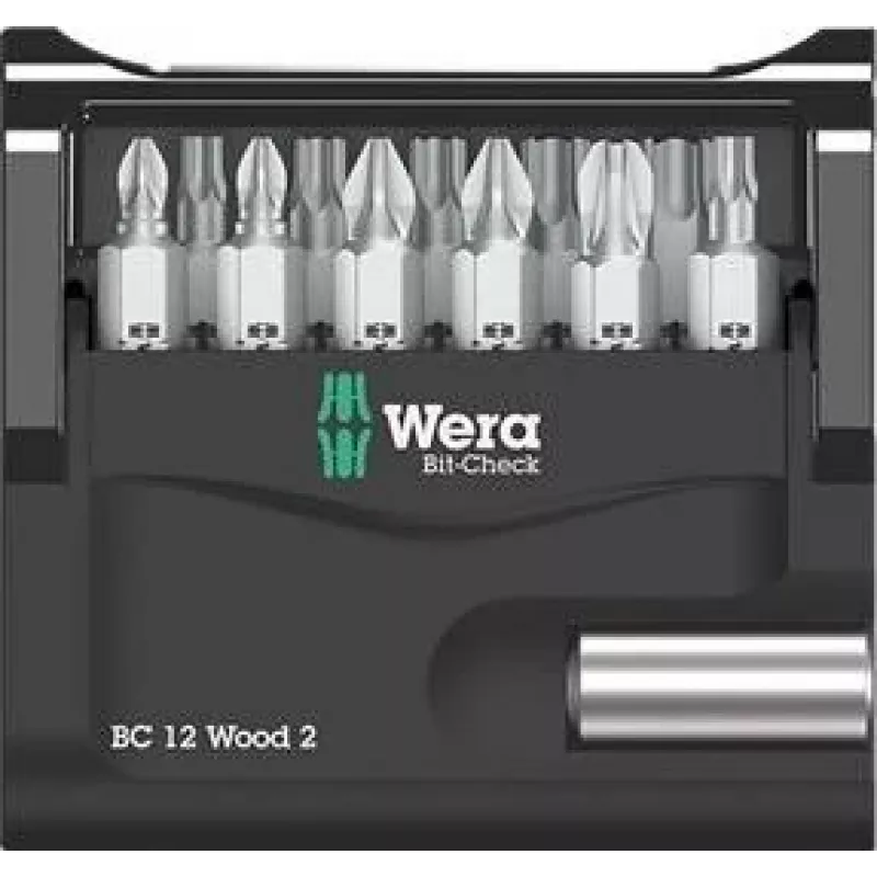 Wera Bit-Check BC 12 Wood 2 Conjunto de bits para aparafusar, 12 peças, encaixe sextavado de 1/4