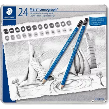 Conjunto de lápis de desenho STAEDTLER Mars Lumograph 100 G24, 24 graus de dureza diferentes em caixa metálica, azul sextavado