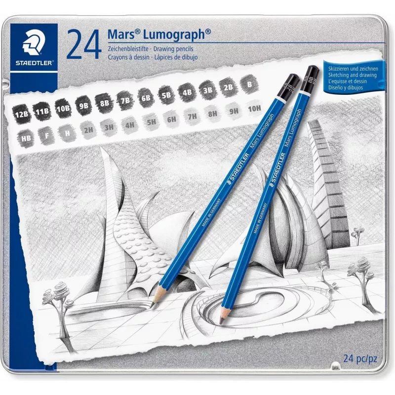 Conjunto de lápis de desenho STAEDTLER Mars Lumograph 100 G24, 24 graus de dureza diferentes em caixa metálica, azul sextavado