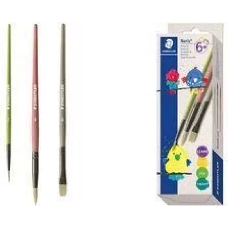 Conjunto de pincéis sintéticos STAEDTLER Noris, 3 peças, várias cores, cabos de plástico reciclado, virolas metálicas (989R-S BK3)