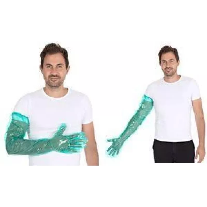HYGOSTAR SOFTLINE LONG PLUS Luvas descartáveis de LDPE, verde, tamanho único, punho elástico no braço, lisas e macias, 1 unid. 2621