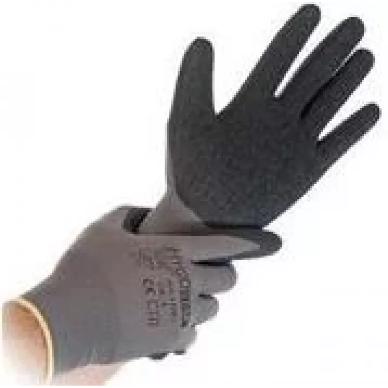 HYGOSTAR Skill Luvas de trabalho cinzento/preto tamanho S, nylon de malha fina com revestimento de polímero, imersão 1/4, pack de 12 33986