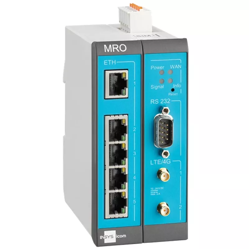 INSYS MoRoS icom MRO-L210 Router industrial LTE, Ethernet WAN, 2x 10/100 Ethernet, azul/cinzento/branco 10019403