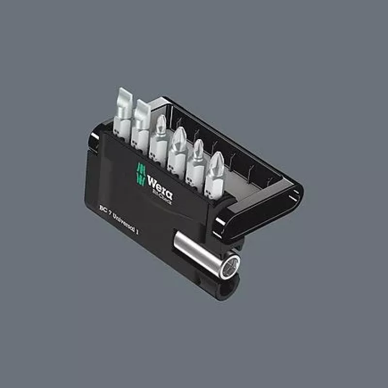 Wera 05073406001 conjunto de pontas de aço inoxidável, 7 peças, Phillips PH1/PH2, Pozidriv PZ1/PZ2, fenda 1,0x5,5, Hex-Plus 4/5 mm, encaixe sextavado 1/4 polegadas, comprimento 25 mm