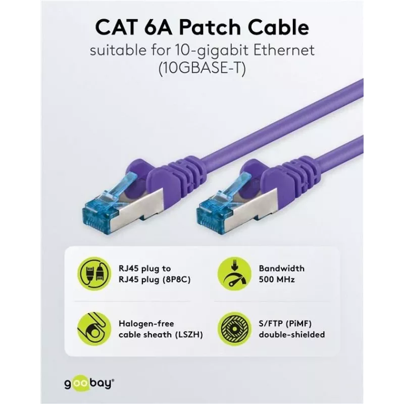 Wentronic Goobay cabo de rede CAT 6a S/FTP, RJ45, violeta, 3 m, LSZH, cobre 93789