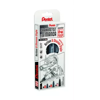 Pentel Manga Action conjunto de canetas fineliner, preto, 3 canetas (0,05/0,2/0,8 mm) em estojo MNG3PCS-AC