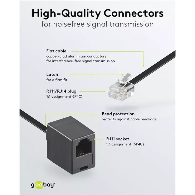 Wentronic Goobay cabo de extensão modular, RJ11/RJ14 (6P4C) ficha macho para conector fêmea RJ11, 15 m, preto 68258