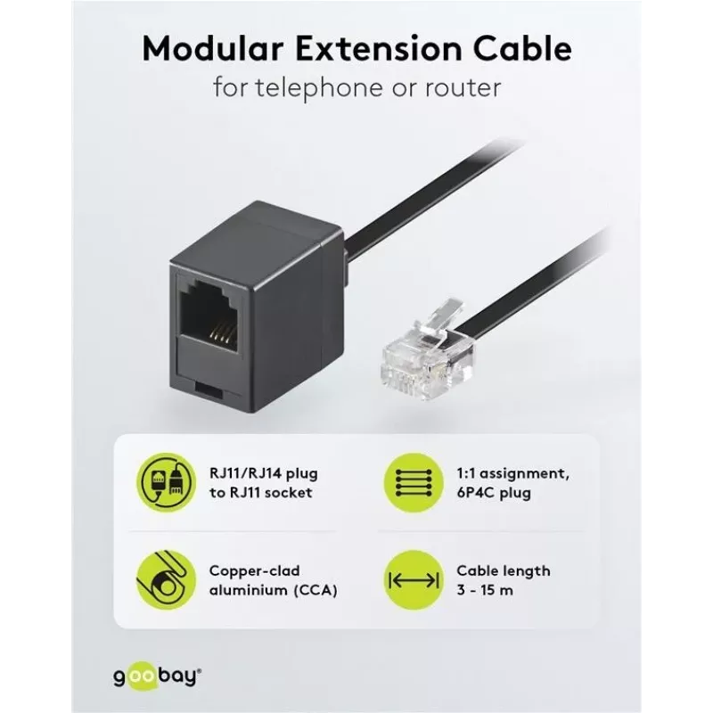 Wentronic Goobay cabo de extensão modular, RJ11/RJ14 (6P4C) ficha macho para conector fêmea RJ11, 15 m, preto 68258