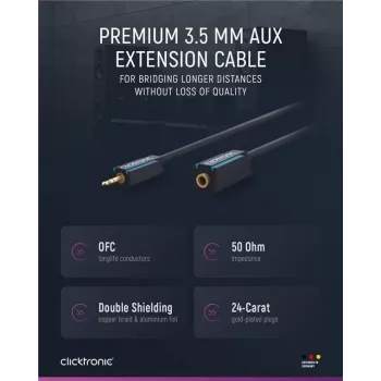 CLICKTRONIC cabo de extensão de áudio MP3 ficha macho jack estéreo 3,5mm para conector fêmea 1,5m preto