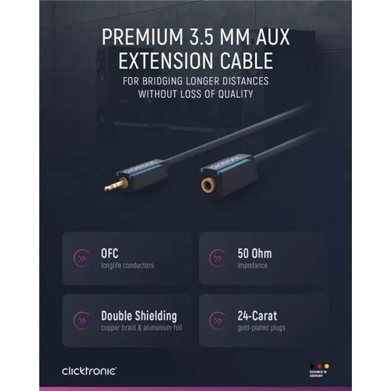 CLICKTRONIC cabo de extensão de áudio MP3 ficha macho jack estéreo 3,5mm para conector fêmea 1,5m preto