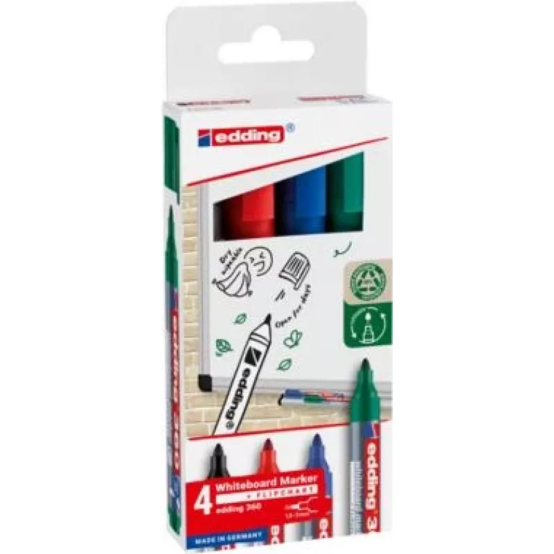 EDDING 360 marcador para quadro branco, várias cores, 1,5-3,0 mm, 4 unidades (4-360-4-2)