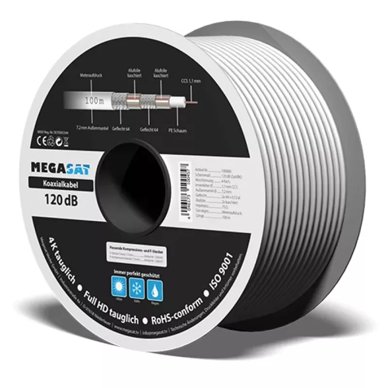 Megasat cabo coaxial 100 m, blindagem de quatro camadas, 120 dB, 75 Ohm, tipo F Ready 100066