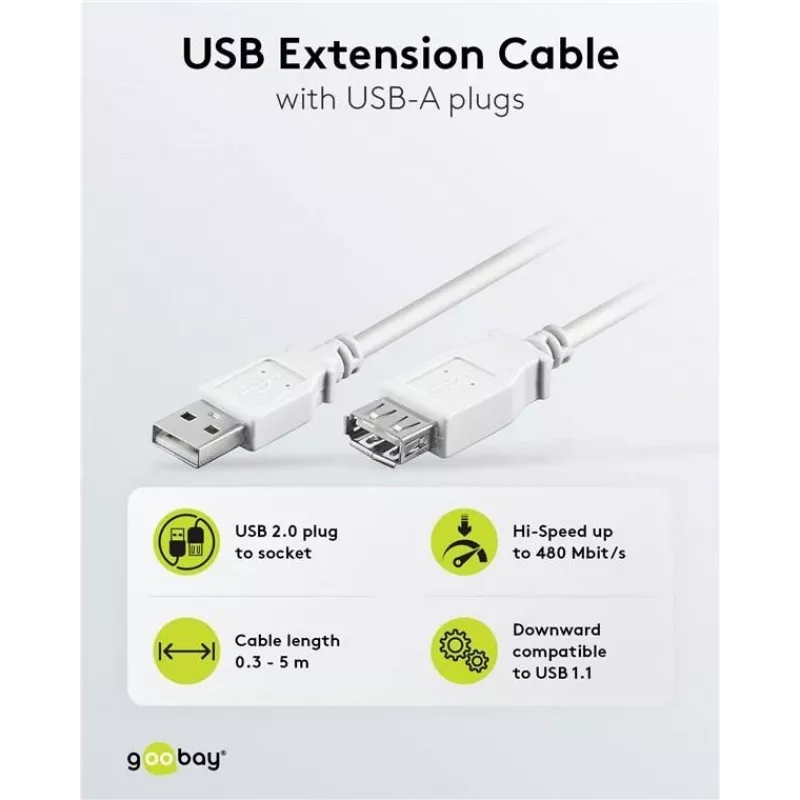 Wentronic Cabo de extensão USB 2.0 A macho para fêmea 5m branco 96288