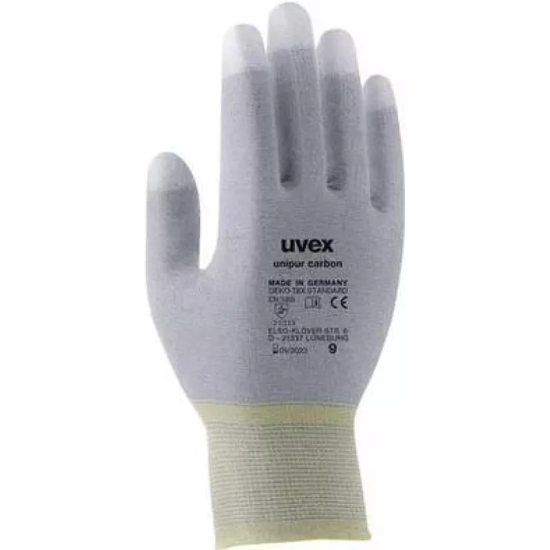Uvex Unipur Carbon Luvas de proteção de trabalho de nylon tricotado, palma e pontas dos dedos revestidas a PU, segurança ESD, tamanho 8 6055608