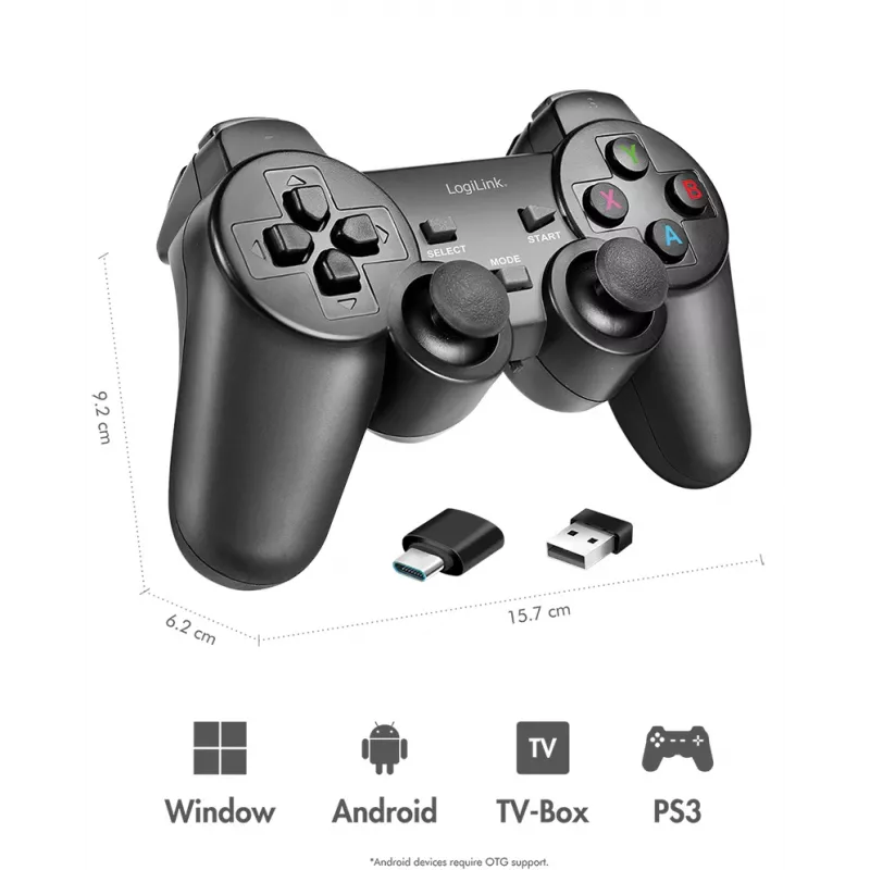 LogiLink AA0187 comando de jogos sem fios 2,4 GHz preto 8 m de alcance PC Android PS3