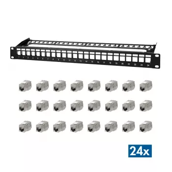 LogiLink PrimeLine Painel de Patch Keystone Cat.6A blindado de 24 portas, 19 polegadas 1U, preto (RAL9005), 24x módulos Keystone incluídos NK5001