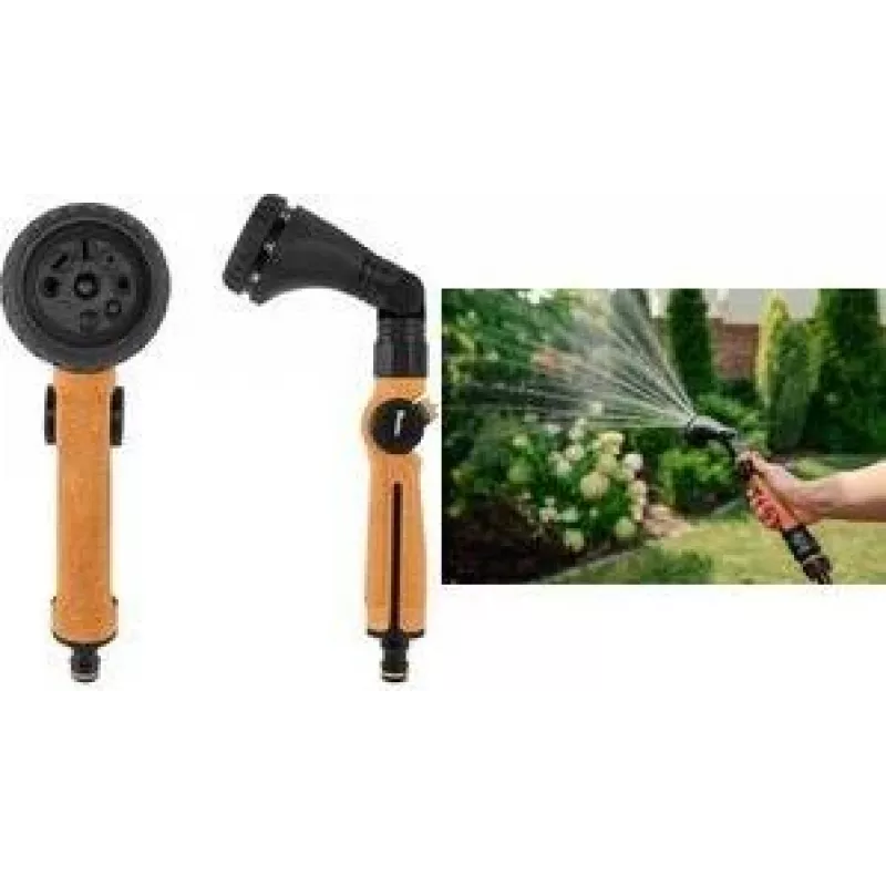 Bradas CORK LINE pistola de rega com 8 padrões de pulverização, corpo em liga de zinco, punho soft com detalhe em cortiça, compatível com conexão rápida CORK-1040