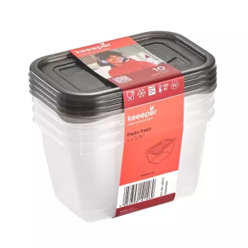 keeeper fredo fresh conjunto de recipientes de armazenamento, 4 x 0,75 L, retangular, transparente com tampas cinzentas 3067382700000