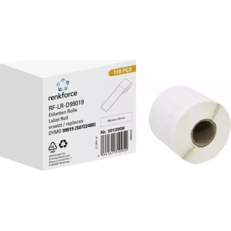 Rolo de etiquetas Renkforce RF-6027812 para DYMO LabelWriter, 190 x 54 mm, papel branco, adesivo permanente, 110 etiquetas