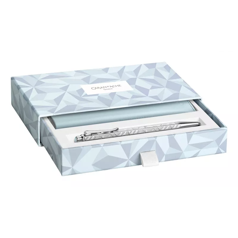 Conjunto de caneta de esferográfica e lapiseira Caran d'Ache Ecridor Alpine Frost, tinta preta, Medium, revestimento de platina CC0890.025