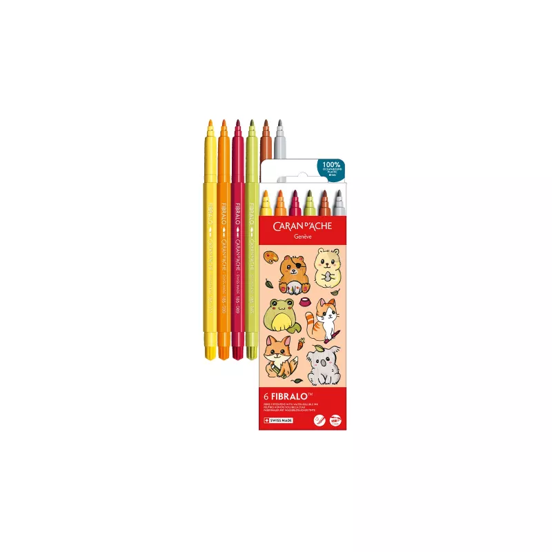 Marcadores Caran d'Ache Fibralo Kawaii Animals, pack de 6, tinta à base de água, efeito aguarela 185.803