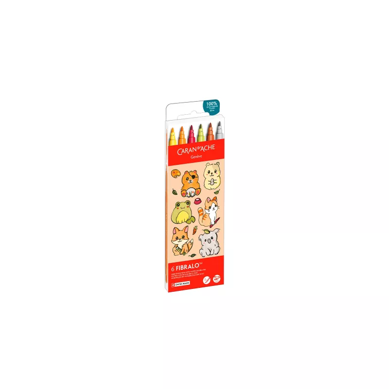 Marcadores Caran d'Ache Fibralo Kawaii Animals, pack de 6, tinta à base de água, efeito aguarela 185.803