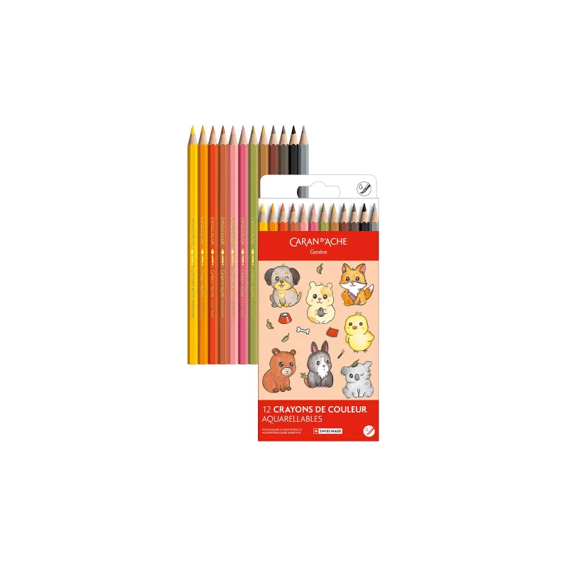 Conjunto de lápis de aguarela Caran d'Ache Swisscolor Kawaii Animals, 12 peças, madeira de cedro, hexagonal 1285.803