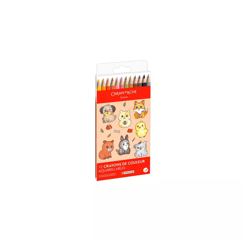 Conjunto de lápis de aguarela Caran d'Ache Swisscolor Kawaii Animals, 12 peças, madeira de cedro, hexagonal 1285.803