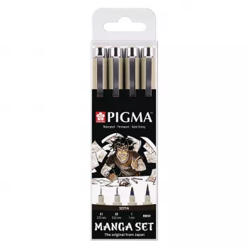 SAKURA Pigma Micron Manga conjunto sépia de 4 fineliners e pincéis num estojo reutilizável POXSDKMAN4