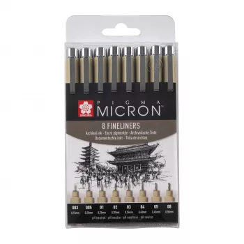 SAKURA Pigma Micron conjunto de fineliners, 8 peças, preto, vários tamanhos de ponta 0,15 mm a pincel POXSDK8