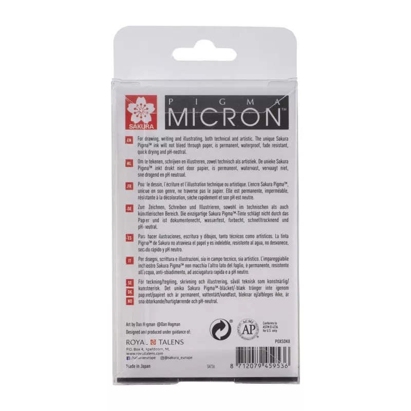 SAKURA Pigma Micron conjunto de fineliners, 8 peças, preto, vários tamanhos de ponta 0,15 mm a pincel POXSDK8
