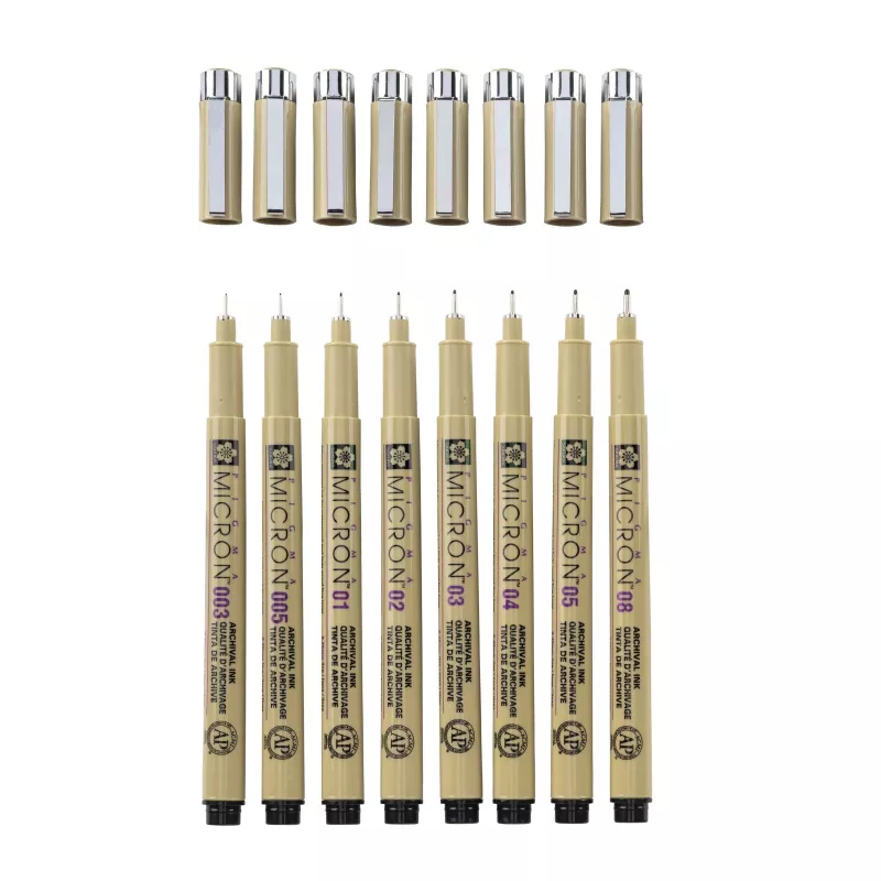 SAKURA Pigma Micron conjunto de fineliners, 8 peças, preto, vários tamanhos de ponta 0,15 mm a pincel POXSDK8