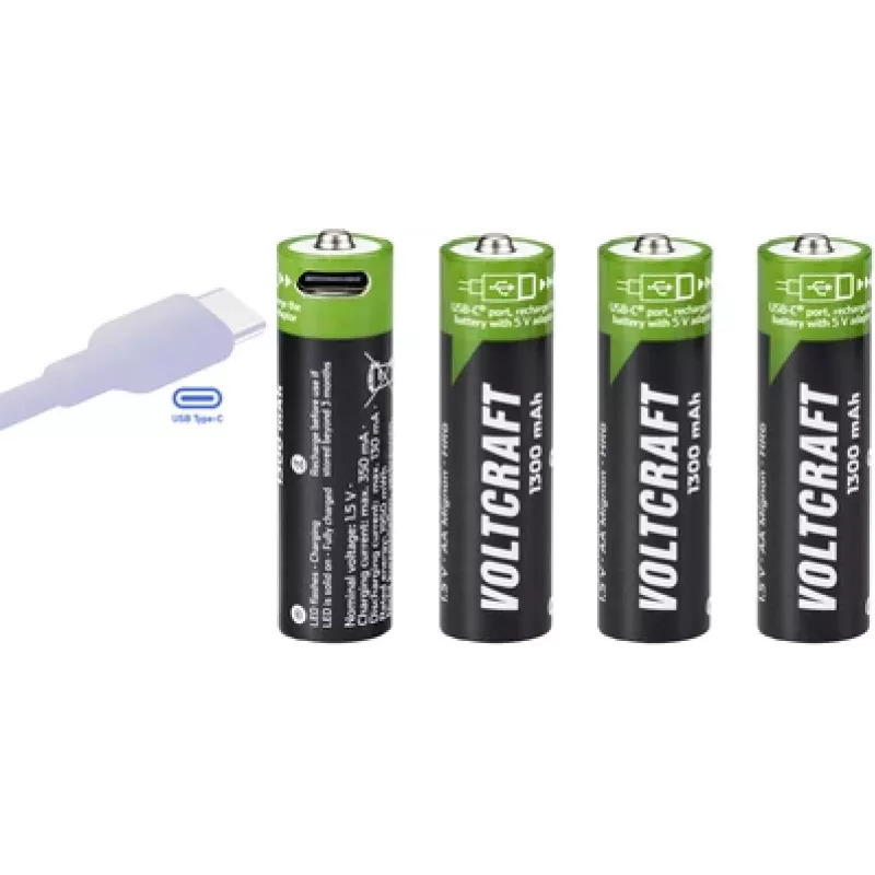 Voltcraft VC-AA1300USB Pilhas AA Li-Ion recarregáveis por USB-C 1300 mAh 1,5 V, pack de 4