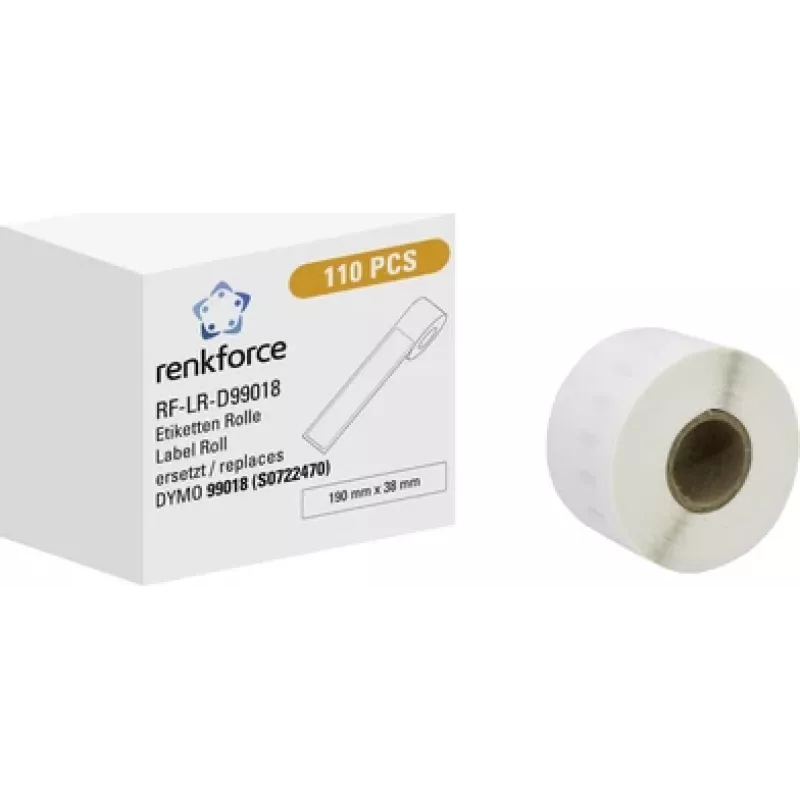 Renkforce RF-6027840 Rolo de etiquetas, compatível com DYMO 99018, 190 x 38 mm, papel, branco, 110 etiquetas, adesivo permanente
