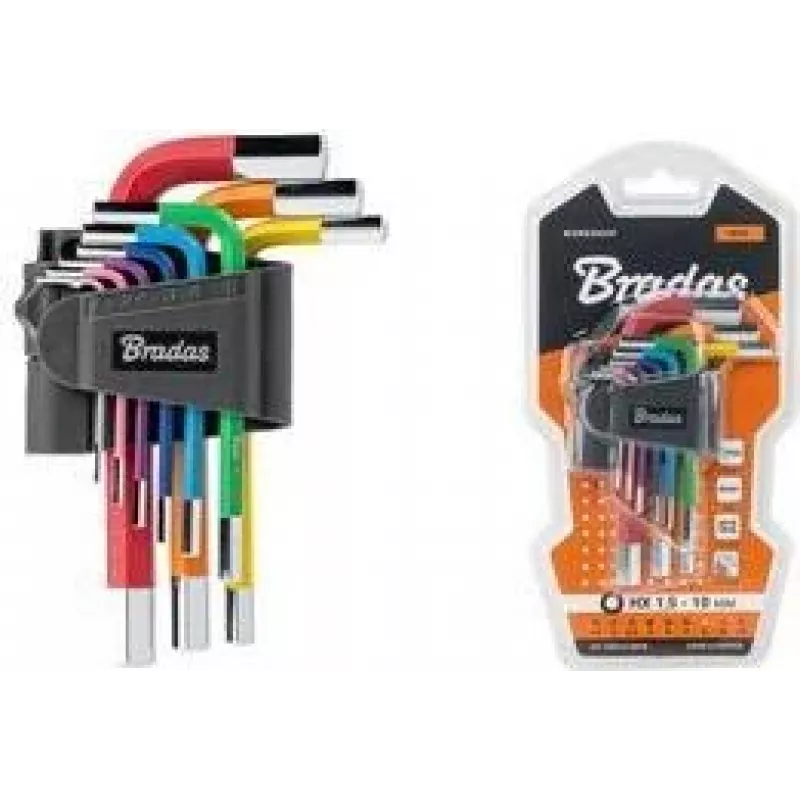 Conjunto de 9 chaves Allen Bradas, aço S2, multicolor, métrico 1,5-10mm, forma L, codificado por cores, DIY-HKH42-SH/B