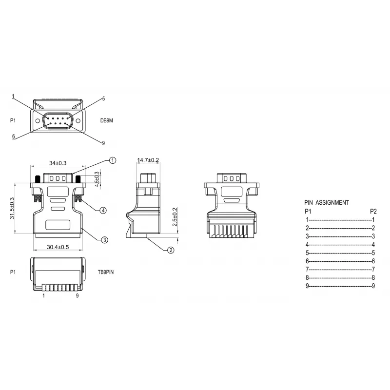 Adaptador EXSYS EX-49110 DB9 macho para bloco de terminais de parafuso de 9 pinos com botão de pressão