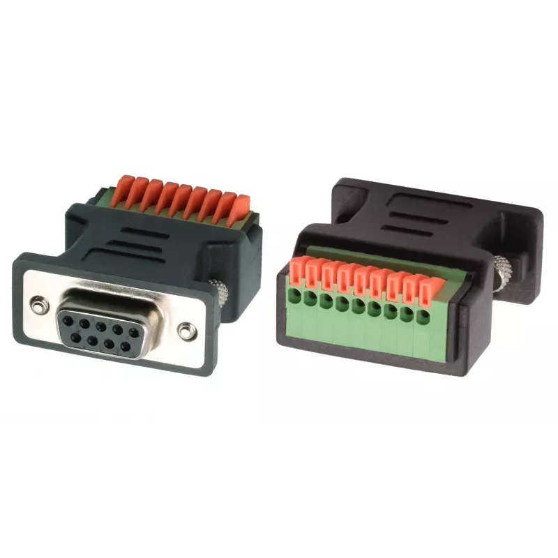 Adaptador EXSYS EX-49111 D-Sub fêmea de 9 pinos para bloco de terminais de parafuso de 9 pinos com botão de pressão, cinzento