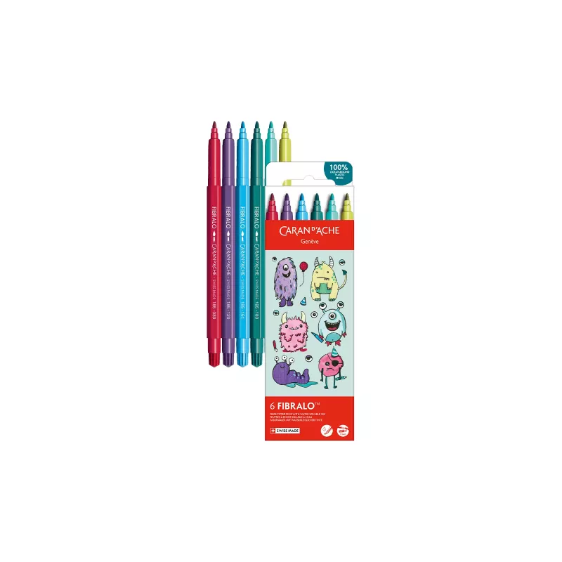 Marcadores de fibra CARAN D'ACHE Fibralo Kawaii Monsters, conjunto de 6, base de água, tinta solúvel em água, utilizável a seco ou húmido (185.801)