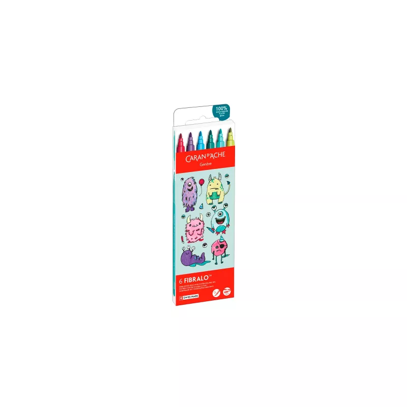 Marcadores de fibra CARAN D'ACHE Fibralo Kawaii Monsters, conjunto de 6, base de água, tinta solúvel em água, utilizável a seco ou húmido (185.801)